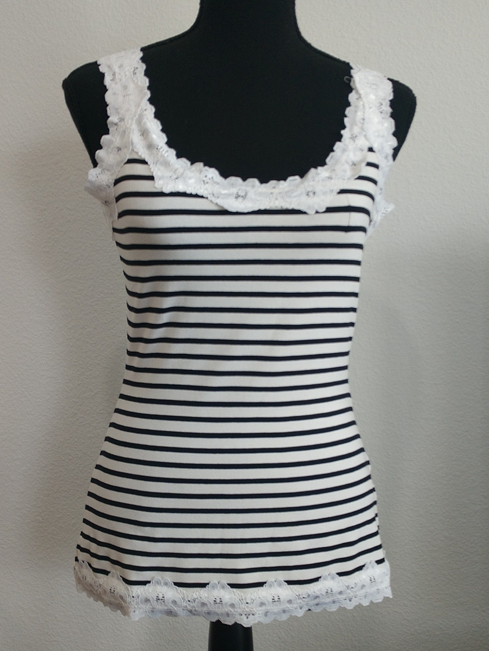 Boston Proper Black & White Striped Lace-Trim Camisole